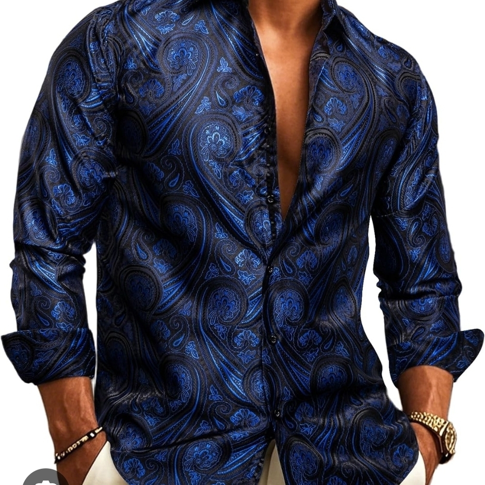 Men's Blue Paisley Satin Button-Down Shirt
